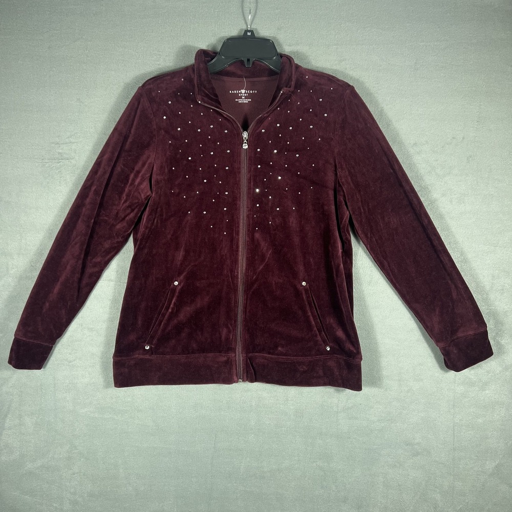 Karen Scott Sport Women's M Velour Full Zip Track‎ Jacket Burgundy Rhinestone